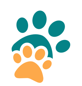 Orange and teal paw prints on black background.