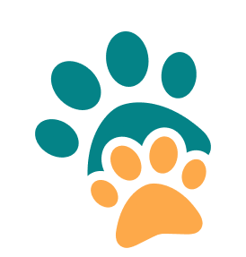 Two overlapping colorful paw prints on black.