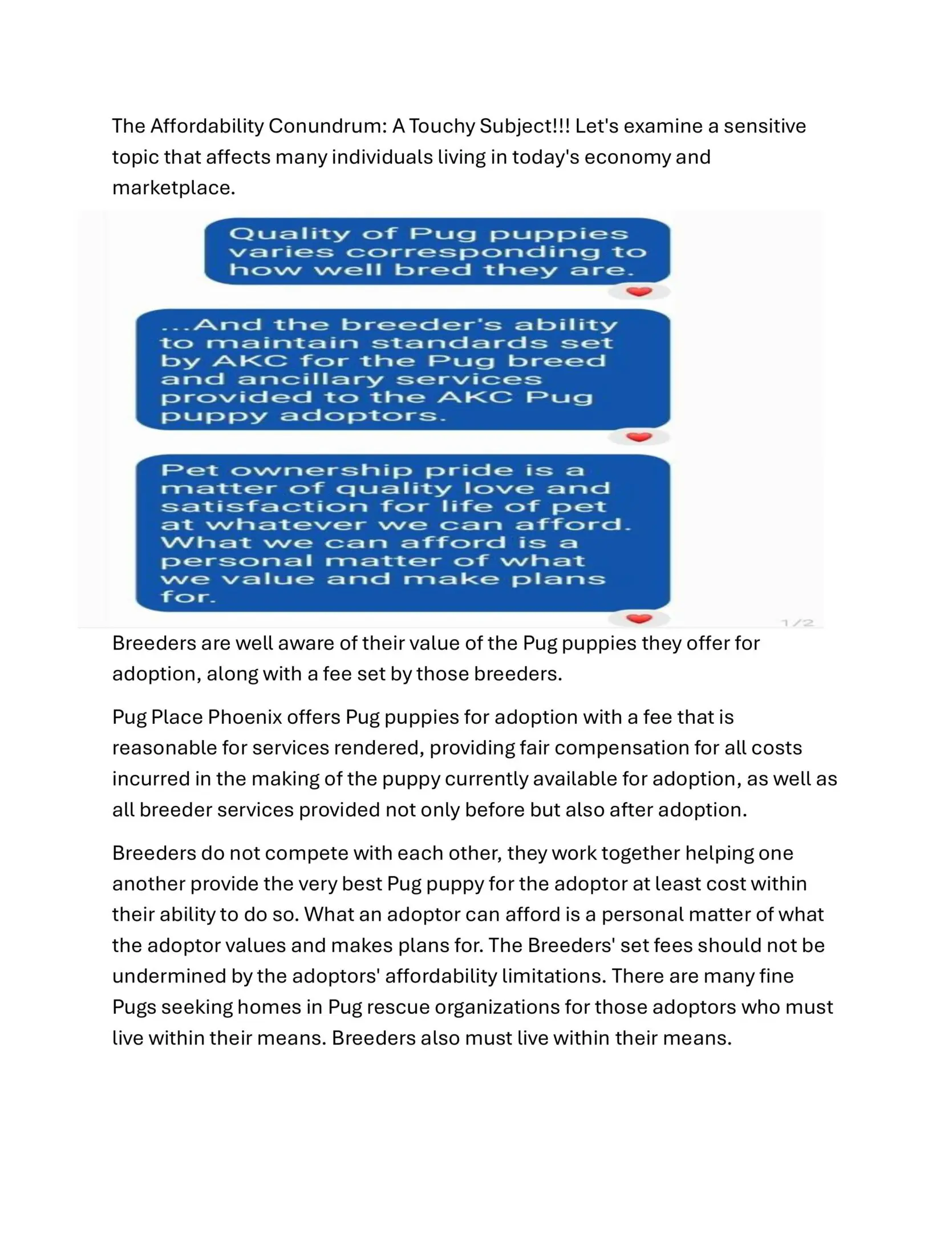 Text about pug adoption fees and quality.